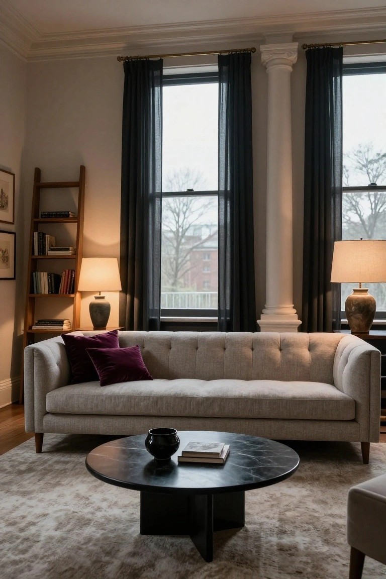Light gray tufted sofa with purple pillows on a living room with black marble coffee table, bookshelves, ceramic vases, lamps, and large windows draped in sheer black curtains.