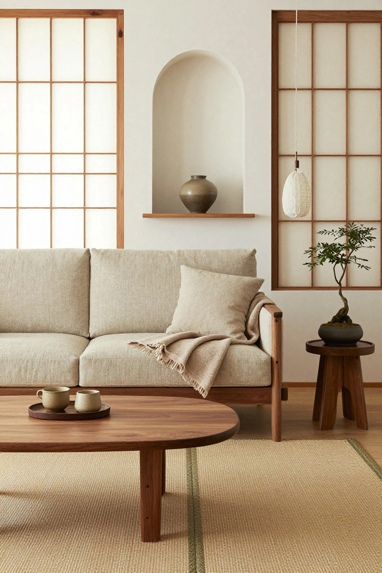 A light beige low-profile sofa with wooden frame in a minimalist living room with shoji screen windows, wooden coffee table holding teacups, bonsai tree on a stool, and neutral wall niche with vase.