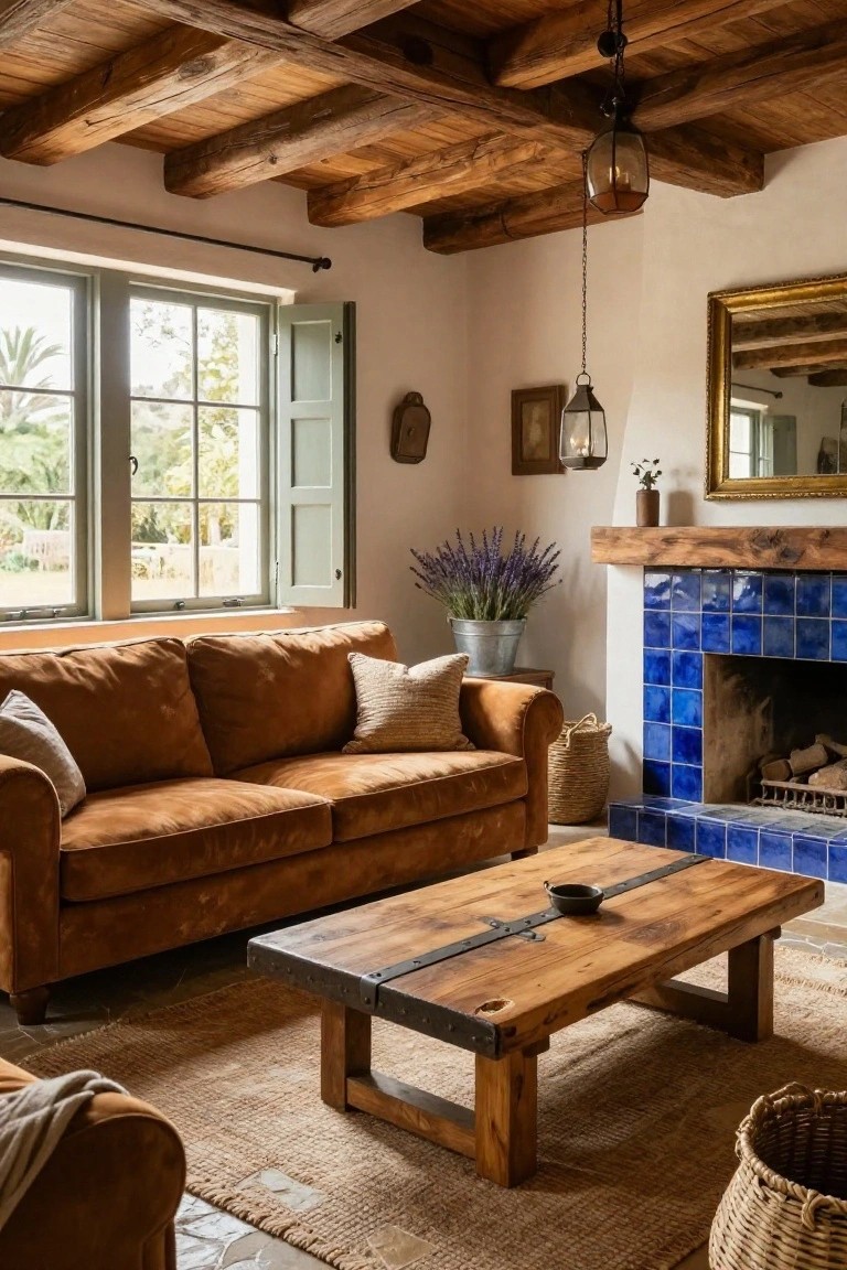 Living room with tan upholstered sofa, wooden beamed ceiling, blue tiled fireplace, wooden coffee table, lavender bouquet in metal bucket, green shuttered window overlooking trees, and woven basket on tile floor.