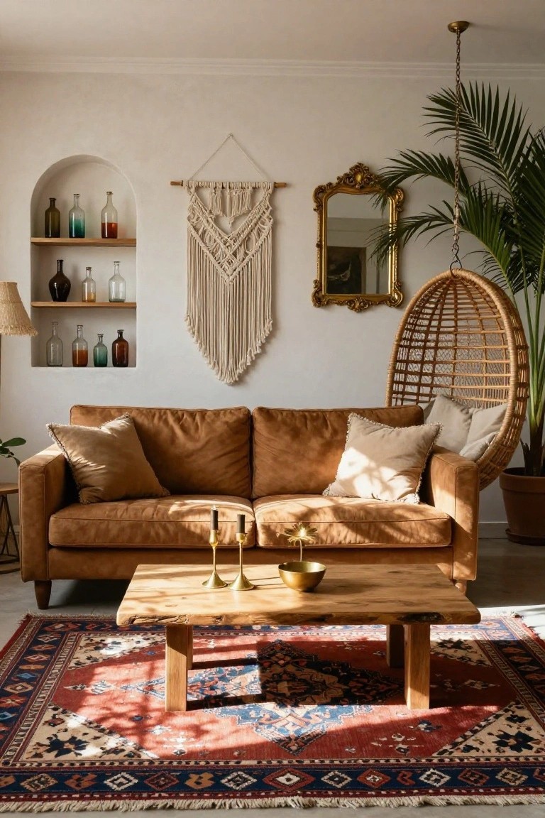 A sunlit living room with a tan leather sofa, wooden coffee table on a red and blue patterned rug, rattan hanging chair, potted palm plant, gold mirror, macrame wall hanging, and arched niche shelf with colored glass bottles.