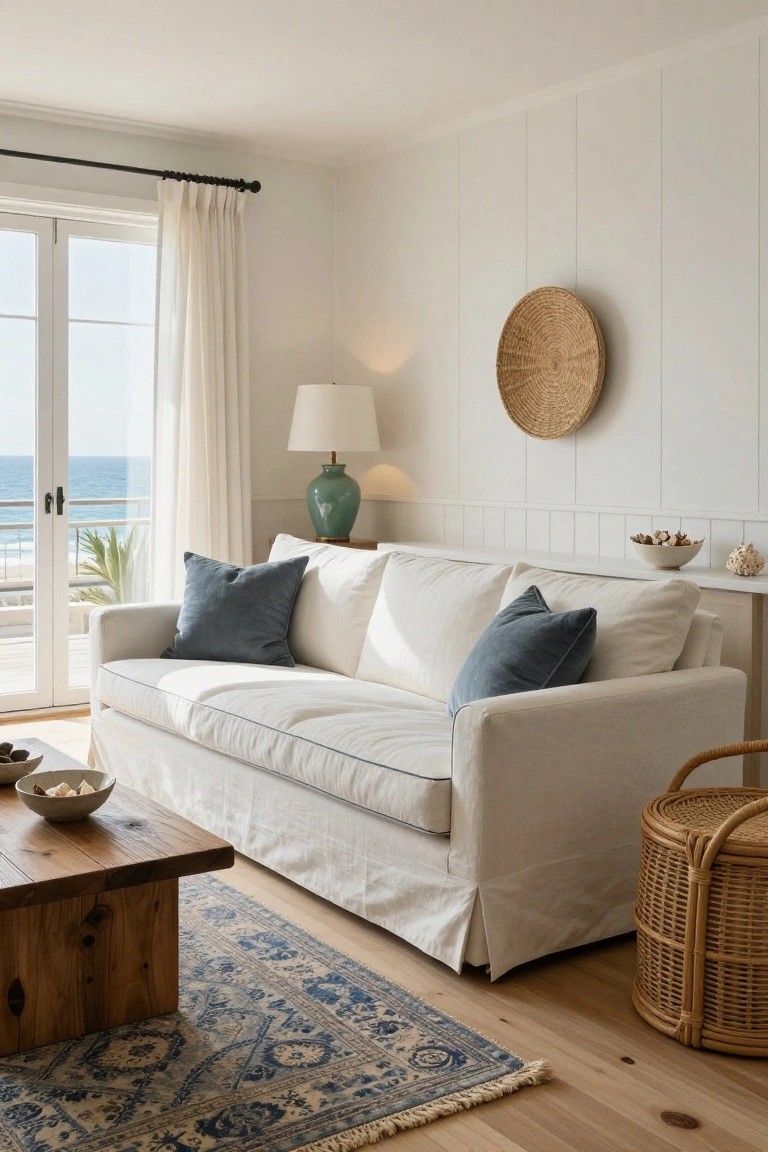 White slipcovered sofa with navy pillows on a blue rug in a light coastal living room with ocean view through glass doors, wooden coffee table, green lamp, and woven decor.