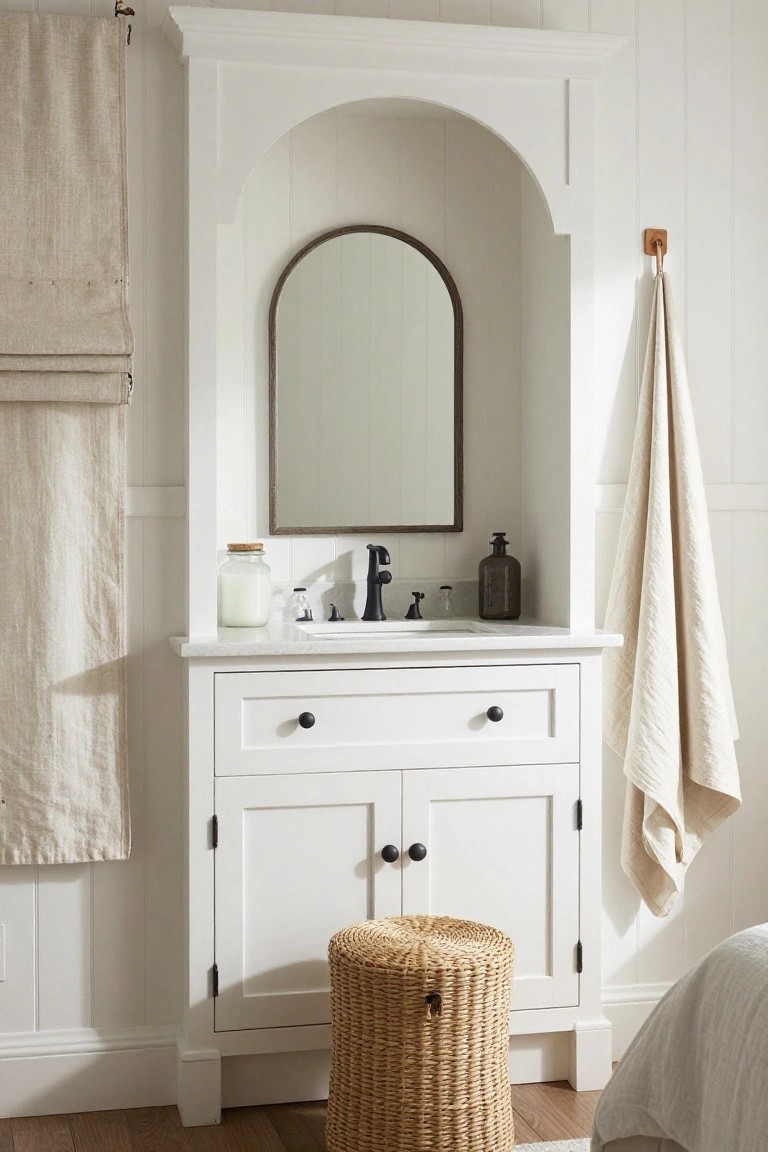 White arched niche housing a vanity with round mirror, white quartz countertop, black faucet sink, glass jars, wooden cabinetry below, linen towels hanging nearby, and wicker stool beside it against white paneled wall.