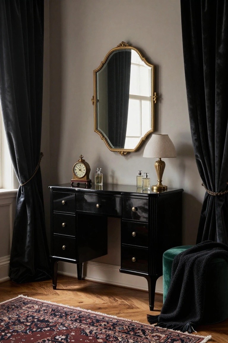 Glossy black lacquered dressing table with gold-framed oval mirror above, brass lamp, clock, and perfume bottles on top, emerald green velvet stool beside it, heavy black velvet curtains, and Persian rug on wood floor in a light gray room.