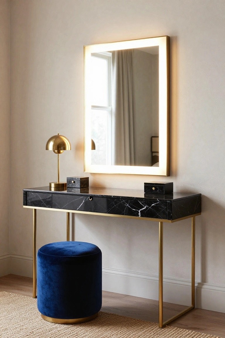 Black marble-topped console table with brass legs and drawer, gold lamp, black jewelry box, backlit rectangular mirror on wall, and blue velvet stool on rug in beige bedroom corner.
