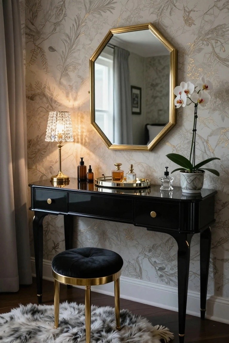 Glossy black dressing table with gold accents and octagonal gold-framed mirror on a black lacquered base, crystal table lamp, perfume bottles, orchids, and black velvet stool in a room with beige wallpaper patterned with gold ferns and leaves.