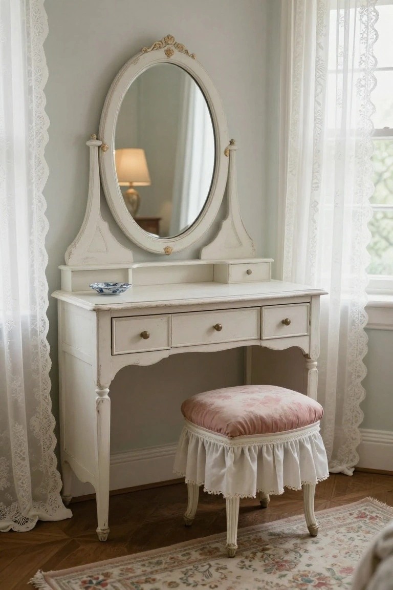 White antique-style dressing table with oval mirror on swivel stand, three drawers with brass knobs, blue and white porcelain dish on top, and pink upholstered stool with ruffled white skirt, positioned by lace-curtained window in pale gray room on hardwood floor with area rug.