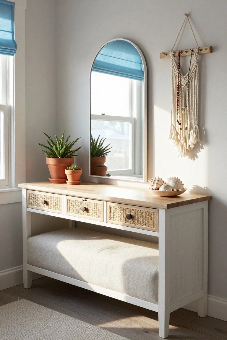 White console table with rattan drawer fronts and cushioned bench underneath used as a dressing table, topped with potted succulents and seashells, arched mirror above, macrame wall hanging, and blue window shade in a light gray room.