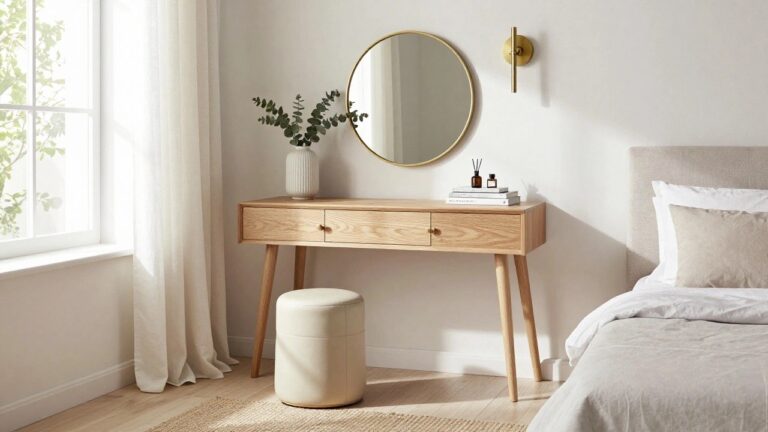 Light oak dressing table with two drawers and tapered legs against a white wall, topped with stacked books, glass bottles, and a white vase of eucalyptus leaves next to a large round gold-framed mirror, with a tan leather stool nearby in a bedroom with sheer curtains, wall sconce, and light wood floor.