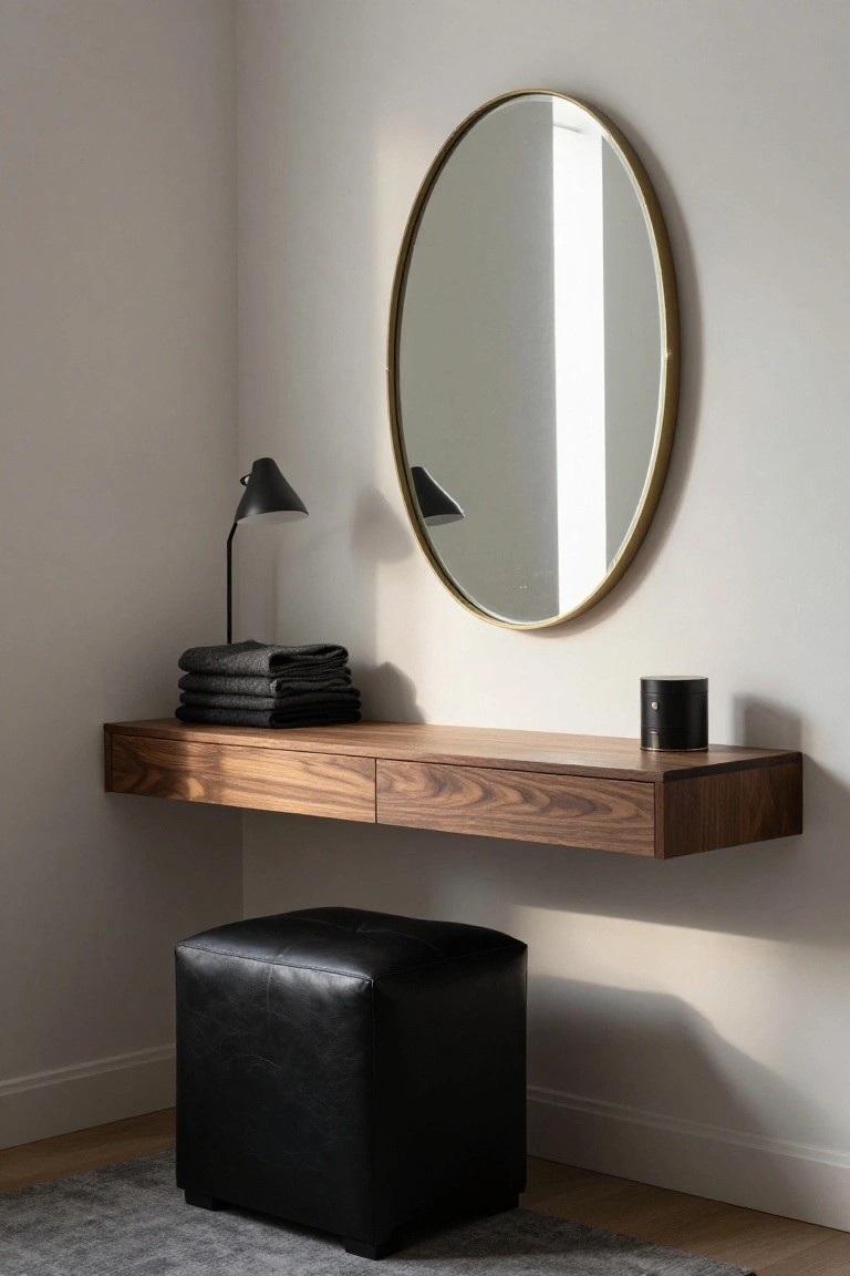 Corner wall-mounted walnut wood floating vanity with a drawer, topped with stacked gray towels, a black angled lamp, and a small black cylindrical container, beside a large oval brass-framed mirror, with a black leather cube stool on a gray rug in a white room.