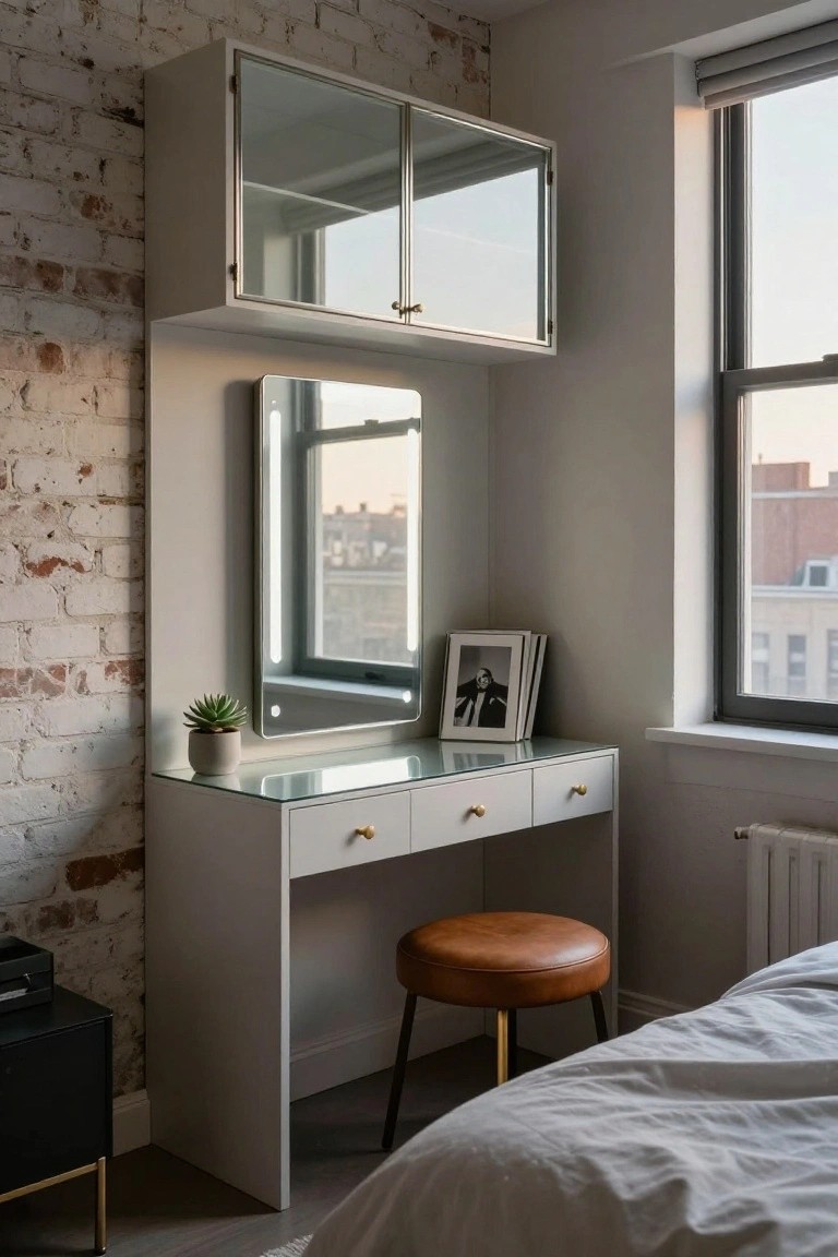 White glass-topped dressing table with three drawers and brass pulls against exposed brick wall in bedroom, with LED mirror above, upper glass-door cabinets, succulent plant, framed black-and-white photo, orange leather stool, black storage box, and bed corner by window.