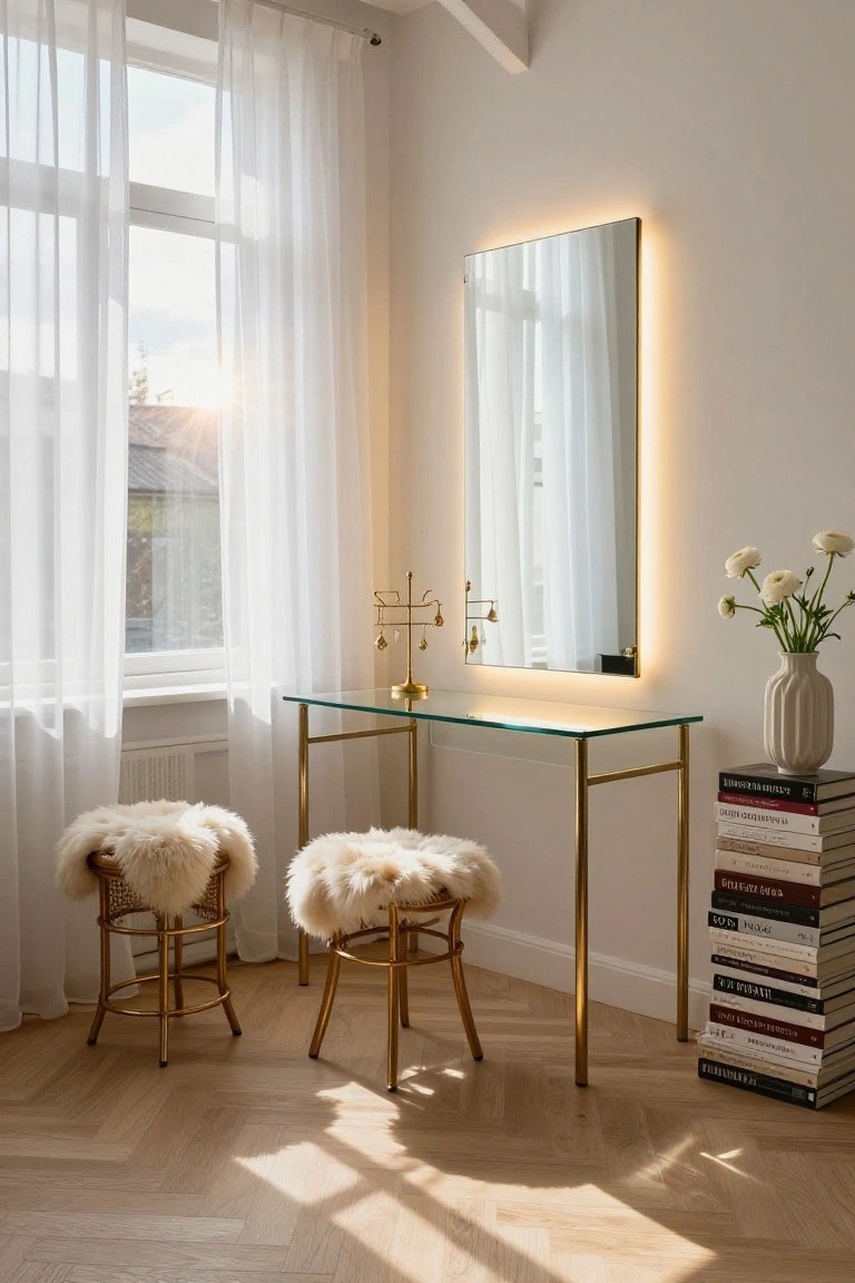 Modern white bedroom corner with glass-top dressing table on gold legs, large rectangular backlit mirror above, two sheepskin-covered stools, gold jewelry stand, white flowers in vase, stack of books, sheer curtains on windows, and light wood floors.