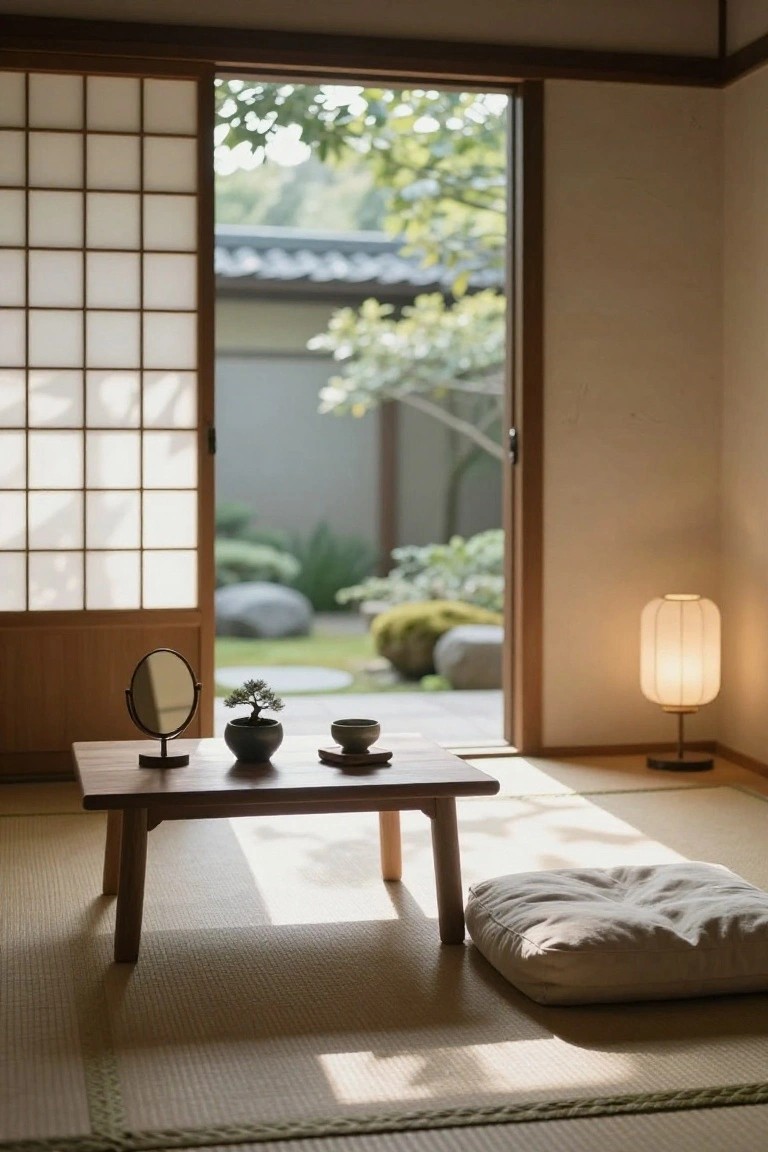 Tatami-floored Japanese room with open shoji doors to a garden of rocks, moss, and plants, low wooden table with round mirror, black bonsai pot, ceramic cups, white cushion, and paper lantern lamp.