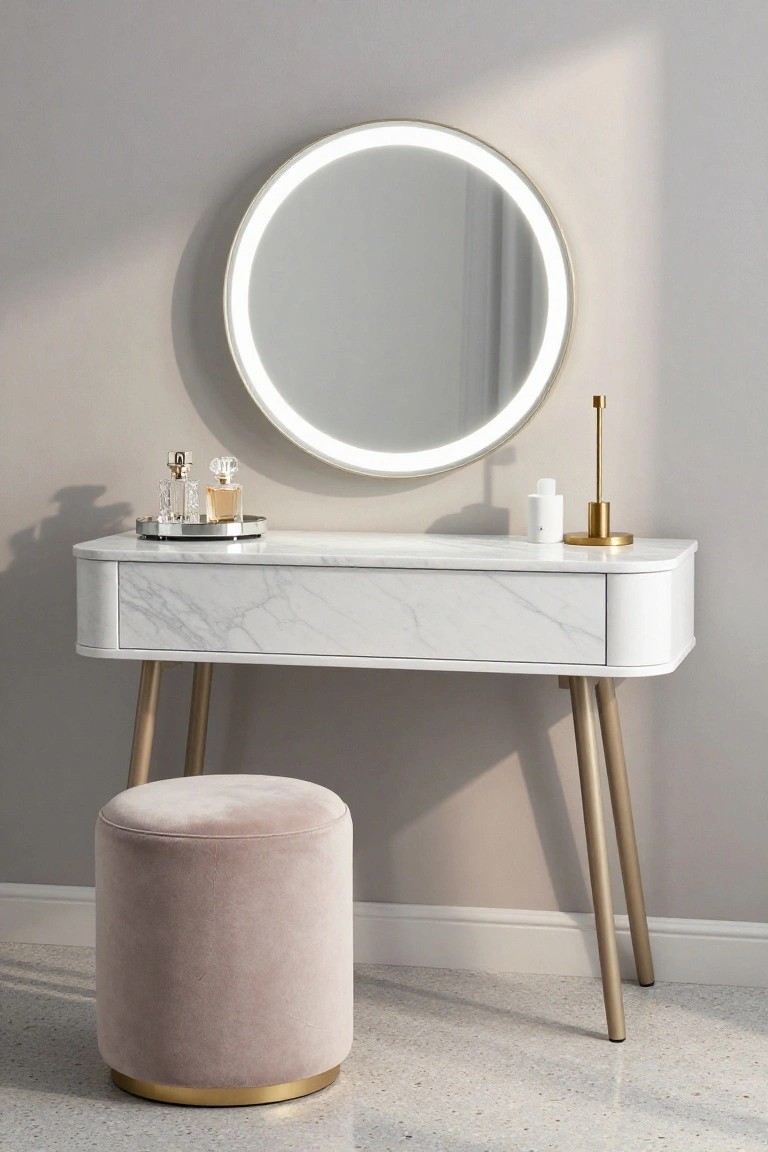 White marble-topped dressing table with curved edges and gold brass legs, round LED-lit mirror mounted above, perfume bottles and accessories on the top, gold candle holder, white diffuser, and pink velvet pouf stool in a light gray room with terrazzo floor.