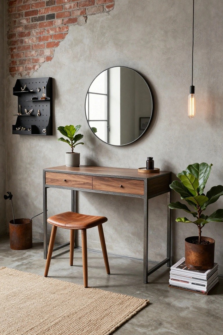 A walnut-topped metal-framed dressing table with drawers sits in a room with exposed brick wall, round mirror, leather stool, potted plants, pegboard shelf, and magazines on the floor.