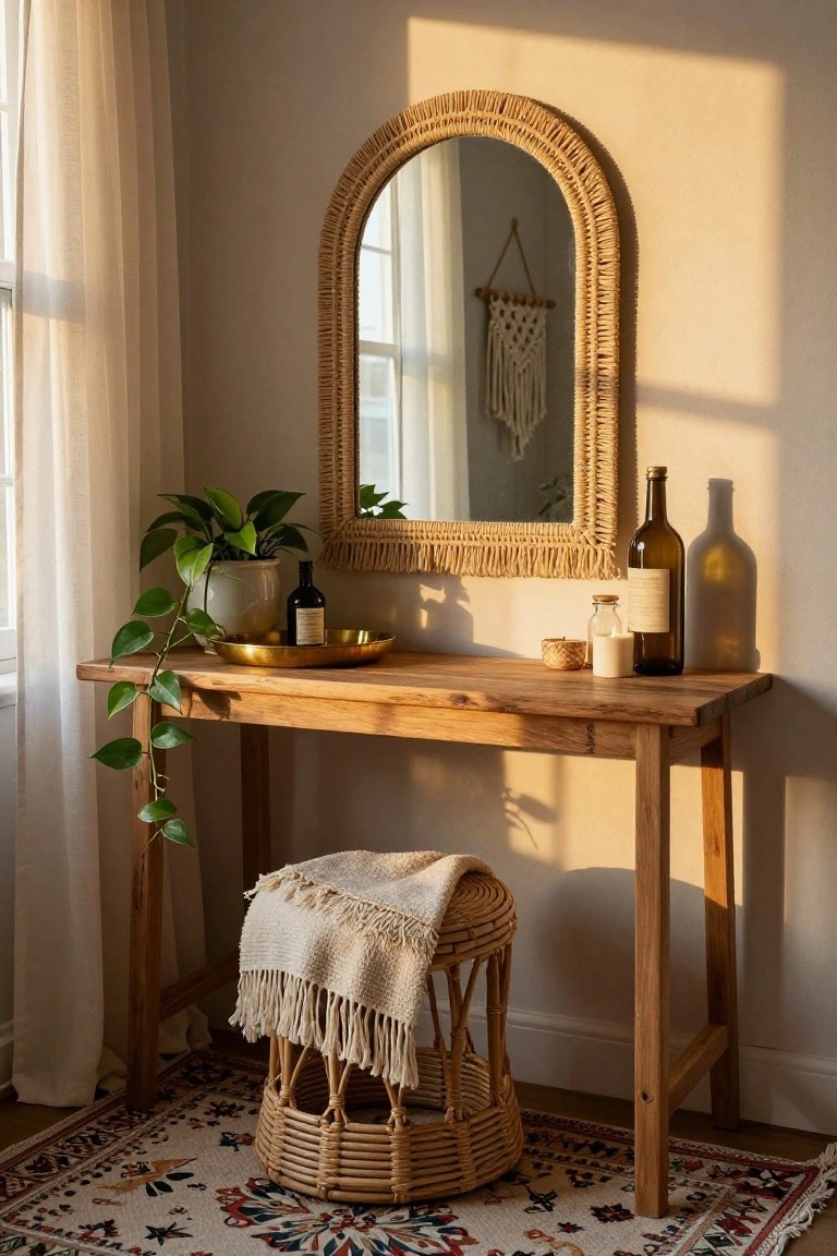 Wooden console table serving as a dressing table in a sunlit bedroom corner, topped with a brass tray, bottles, candle, and plant, under an arched rattan mirror, with a draped rattan stool, sheer curtains, macrame hanging, and patterned rug.