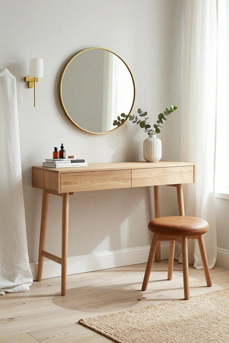 Light oak dressing table with two drawers and tapered legs against a white wall, topped with stacked books, glass bottles, and a white vase of eucalyptus leaves next to a large round gold-framed mirror, with a tan leather stool nearby in a bedroom with sheer curtains, wall sconce, and light wood floor.