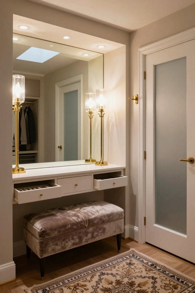 Recessed white dressing table with drawers under a large mirror in a beige wall alcove, flanked by two tall gold candelabra lamps, purple velvet stool, open closet, and frosted glass door.