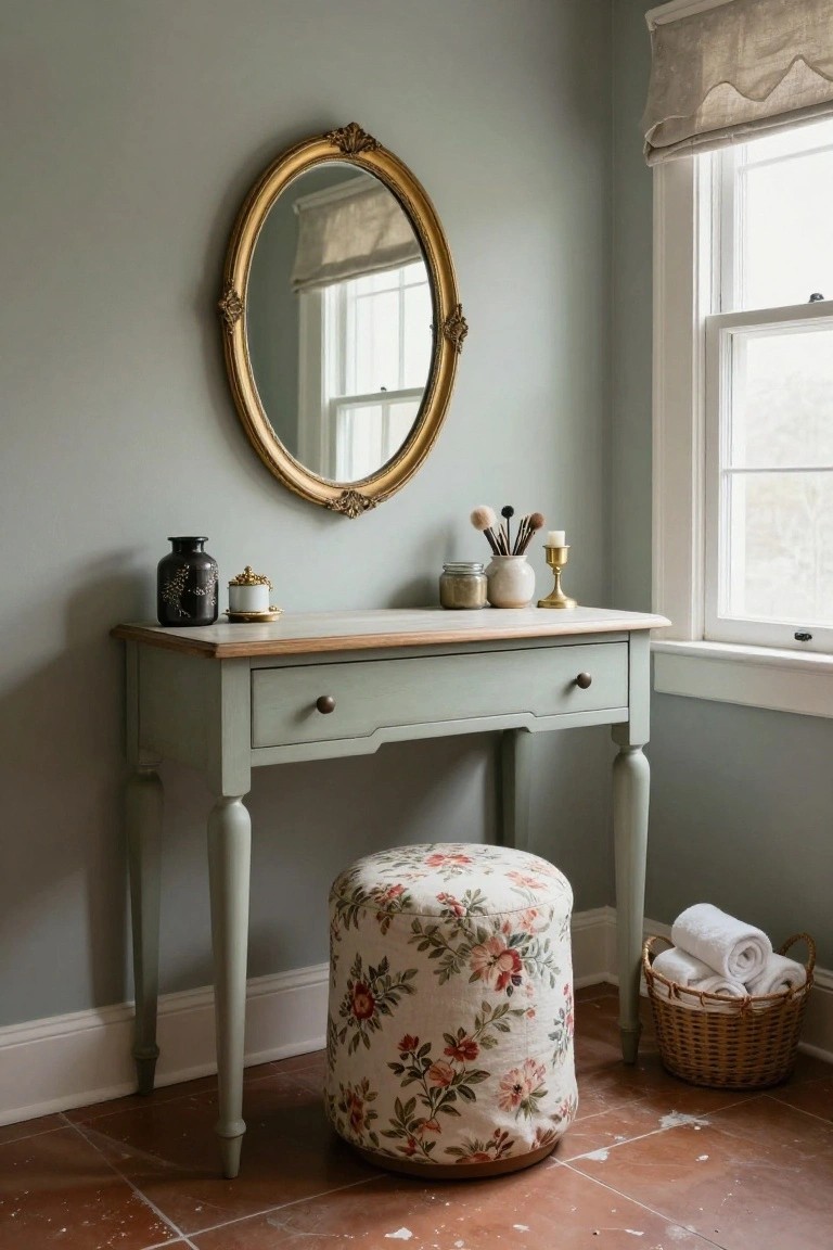 A sage green painted wood console table serving as a dressing vanity in a corner, topped with vases, jars, and brushes under a large ornate gold oval mirror, with a floral fabric pouf stool beside it next to a window in a pale green room.