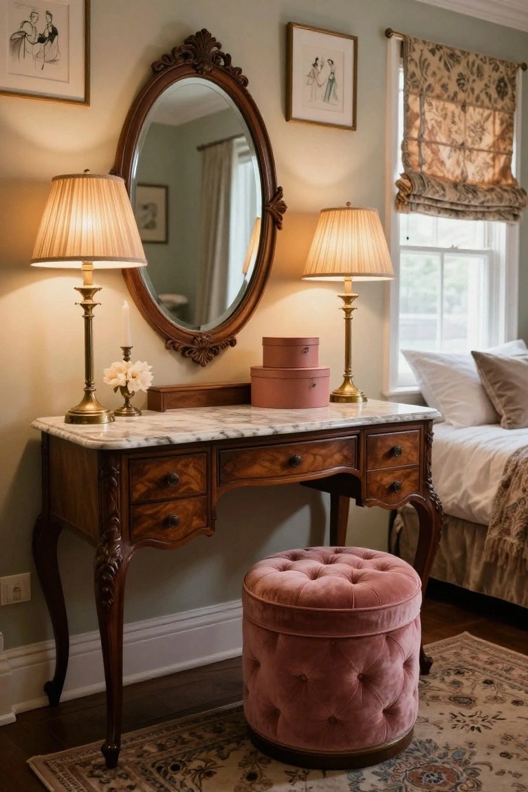 Ornate wooden dressing table with white marble top and oval mirror in a pale green bedroom, flanked by two brass lamps, pink hatboxes, white flowers, and a tufted pink stool on a patterned rug.