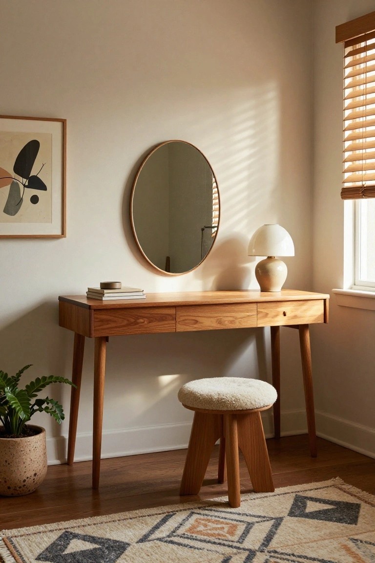 Wooden console table with drawers used as a dressing vanity, featuring a round mirror above, ceramic lamp, stacked books, sheepskin pouf stool, potted fern, and abstract wall art in a beige room with blinds and rug.