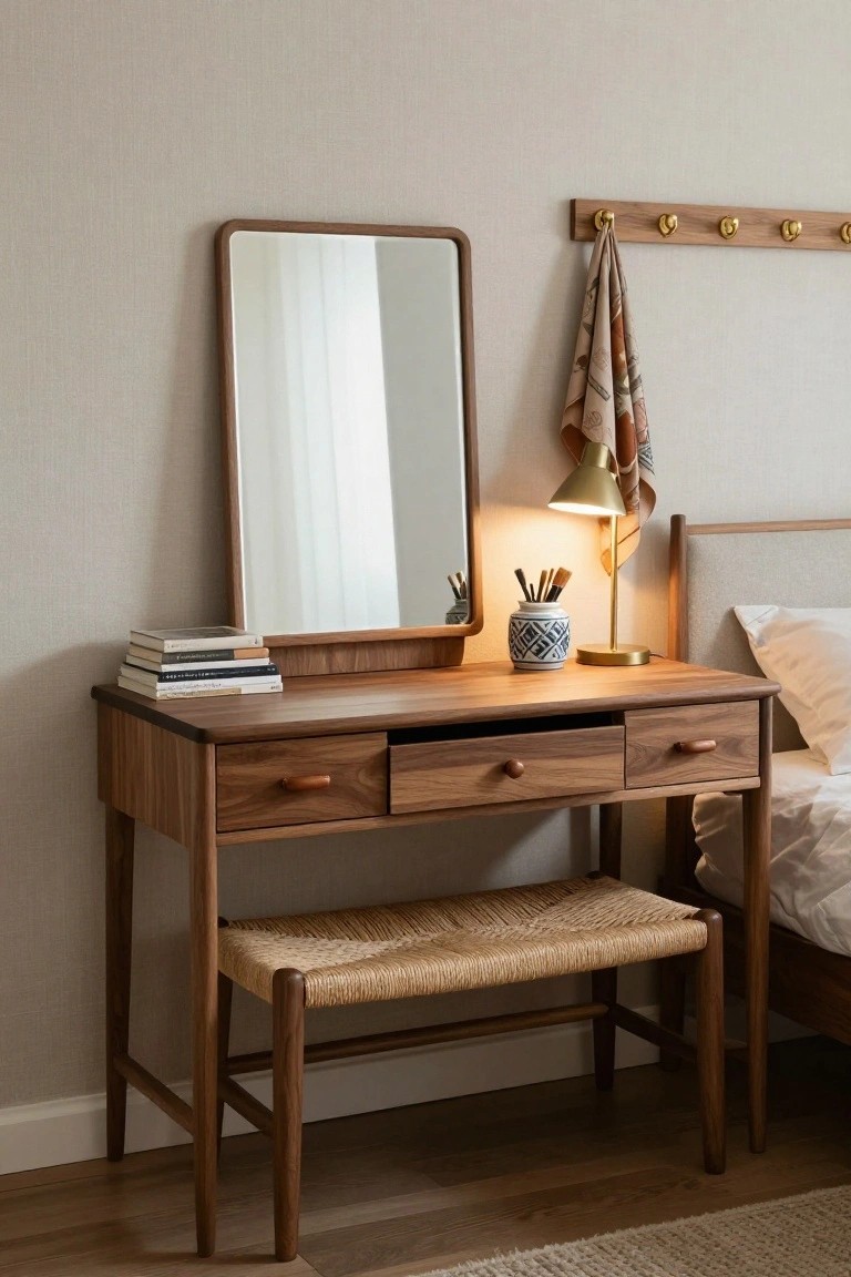 Wooden dressing table with rectangular mirror, three drawers, brass lamp, vase of brushes, stacked books, and rattan stool in a neutral bedroom beside a bed.