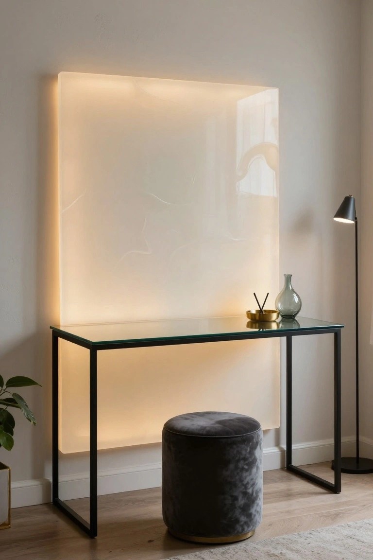 Modern office nook with large rectangular backlit frosted glass panel on beige wall behind black metal and glass desk, gray velvet pouf stool, black floor lamp with green glass vase and incense sticks on desk, potted plant nearby, light wood floor.