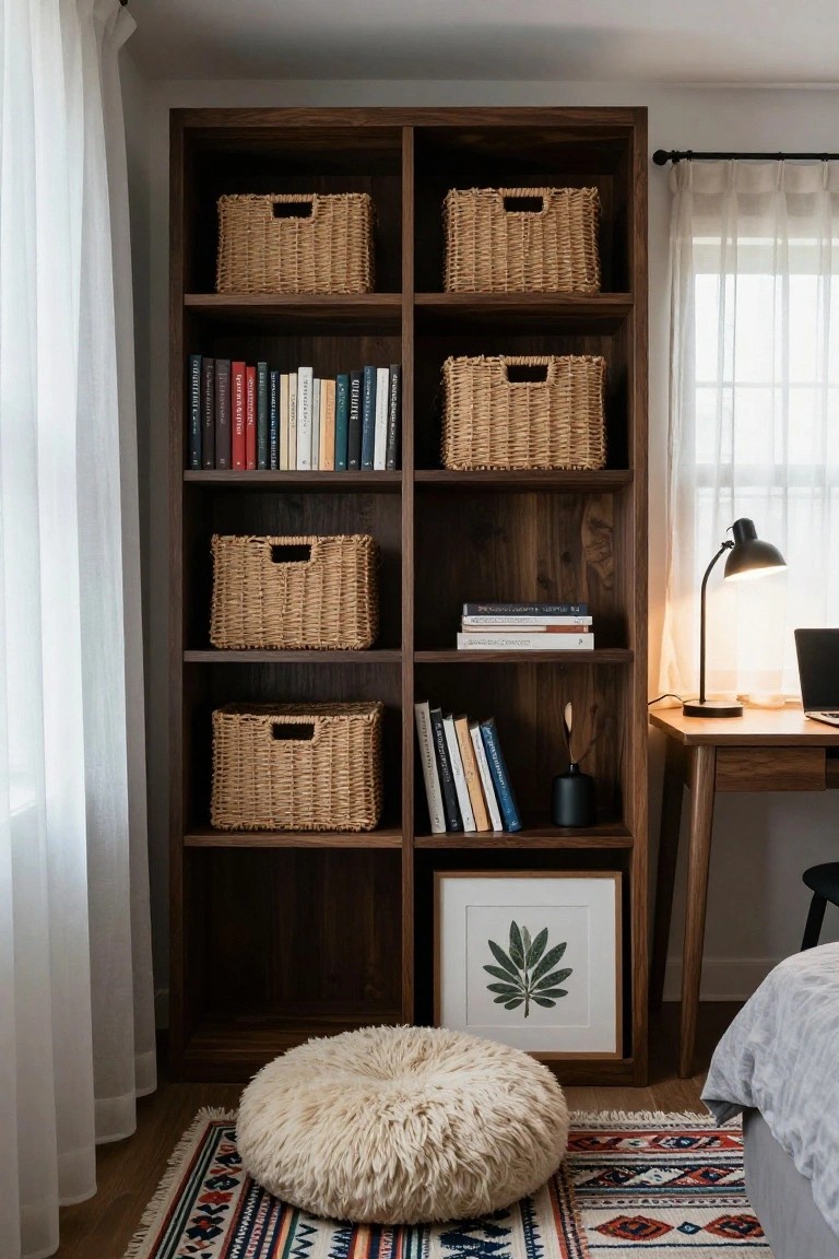 Tall brown wooden bookshelf with books, wicker baskets, and plants divides a wooden desk area from a bed in a bedroom with sheer curtains, a floor lamp, and a patterned rug.