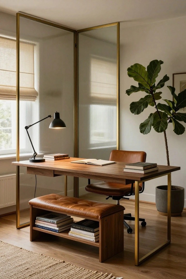 A home office featuring a wooden desk with books, a tan leather chair, brass-framed frosted glass partitions, a fiddle leaf fig plant in a gray pot, and a leather bench with bookshelves.