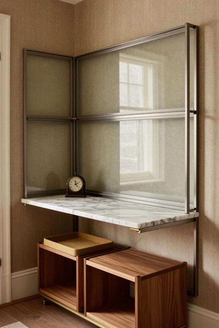 Corner room setup with metal-framed glass partition, marble shelf desk holding a clock, and paired wooden storage cabinets below against beige walls.