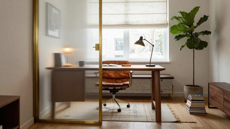 A home office featuring a wooden desk with books, a tan leather chair, brass-framed frosted glass partitions, a fiddle leaf fig plant in a gray pot, and a leather bench with bookshelves.