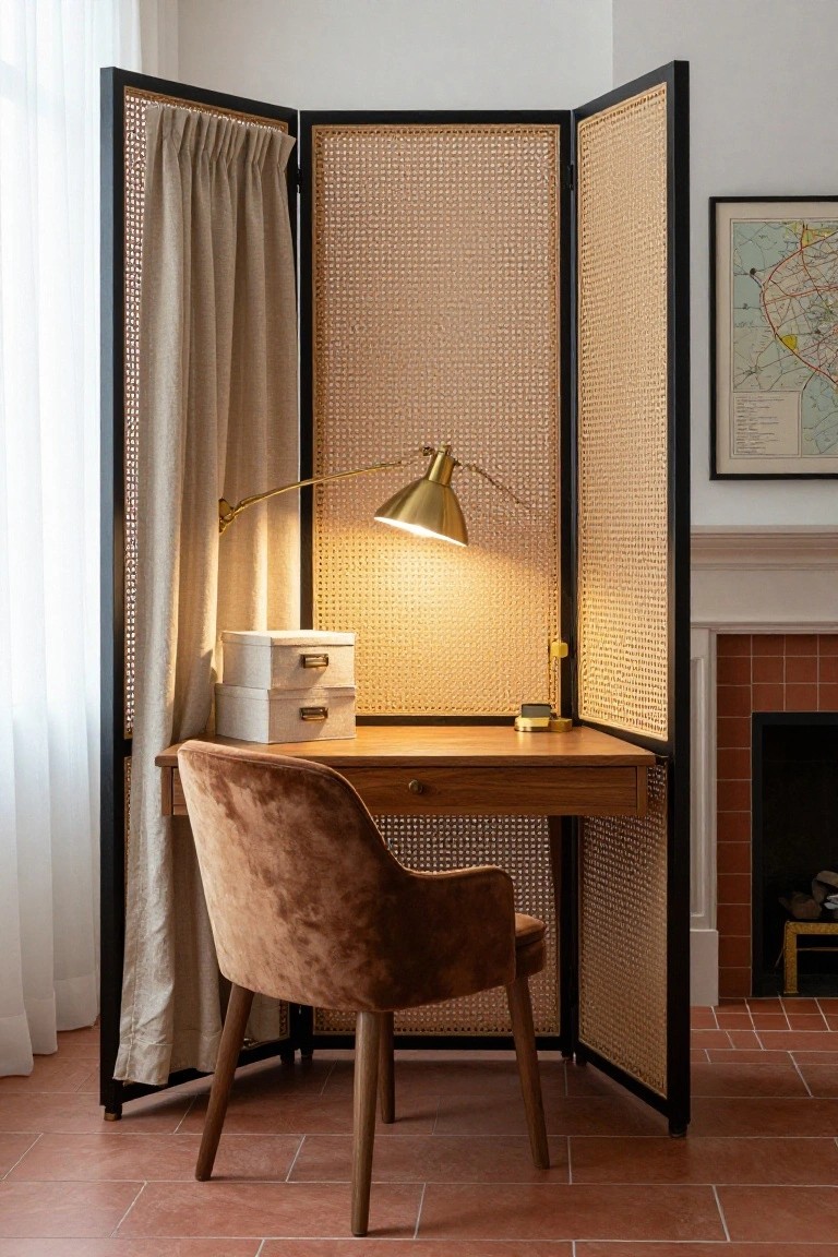 A tri-fold black-framed cane screen partitions a wooden desk with white storage boxes and a brown velvet armchair, illuminated by a brass lamp, positioned near a brick fireplace on terracotta tile flooring.