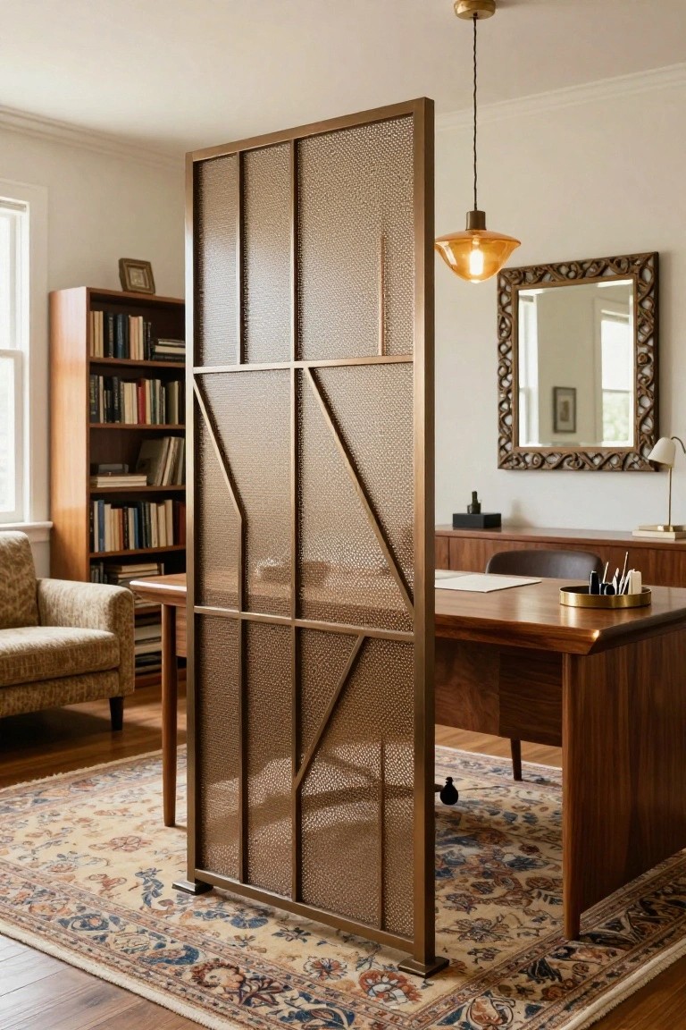 A home office divided by a tall freestanding brass mesh screen partition, with a wooden desk on one side, bookshelves and armchair on the other, warm wood tones, and a patterned rug on hardwood floors.