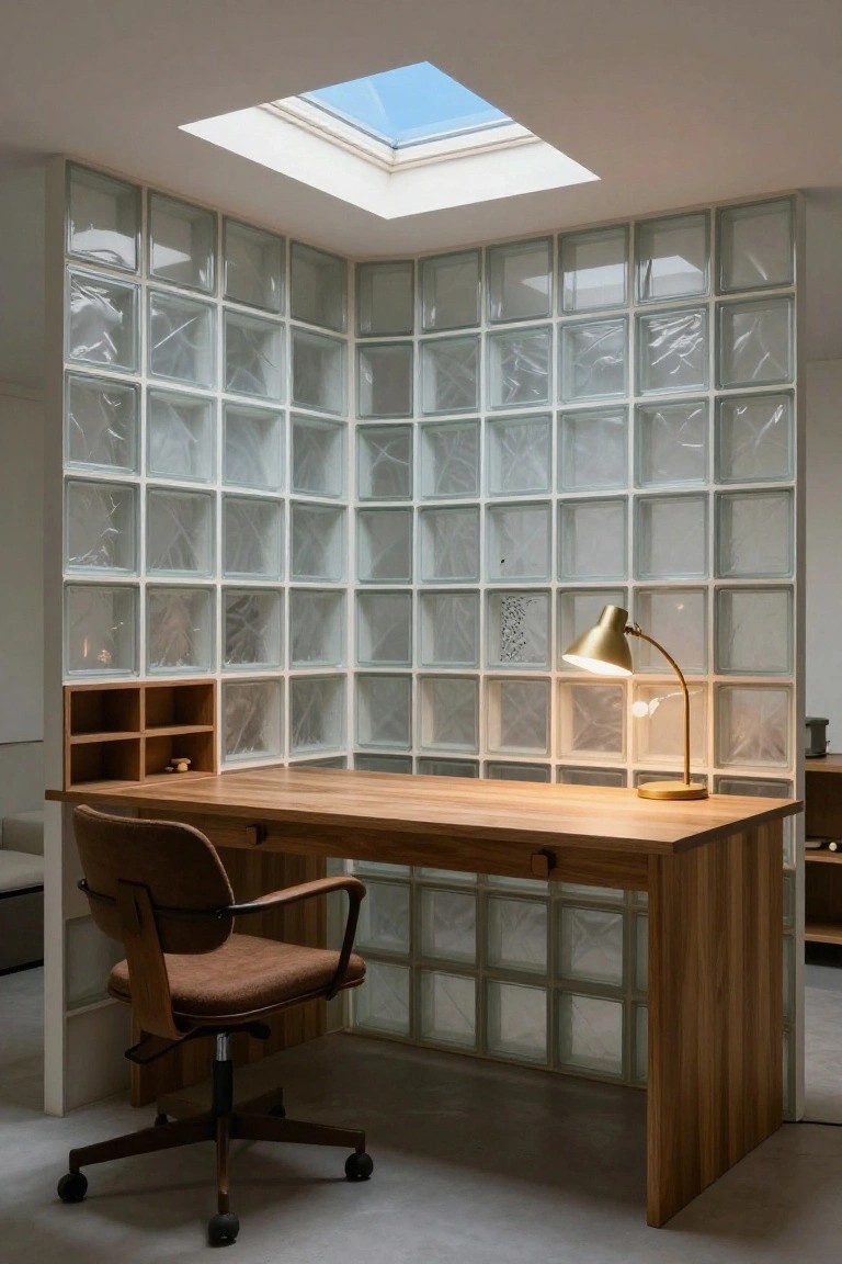 A home office with a wooden desk, brown leather chair on wheels, gold desk lamp, and shelves against a tall wall of frosted glass blocks, under a square skylight.