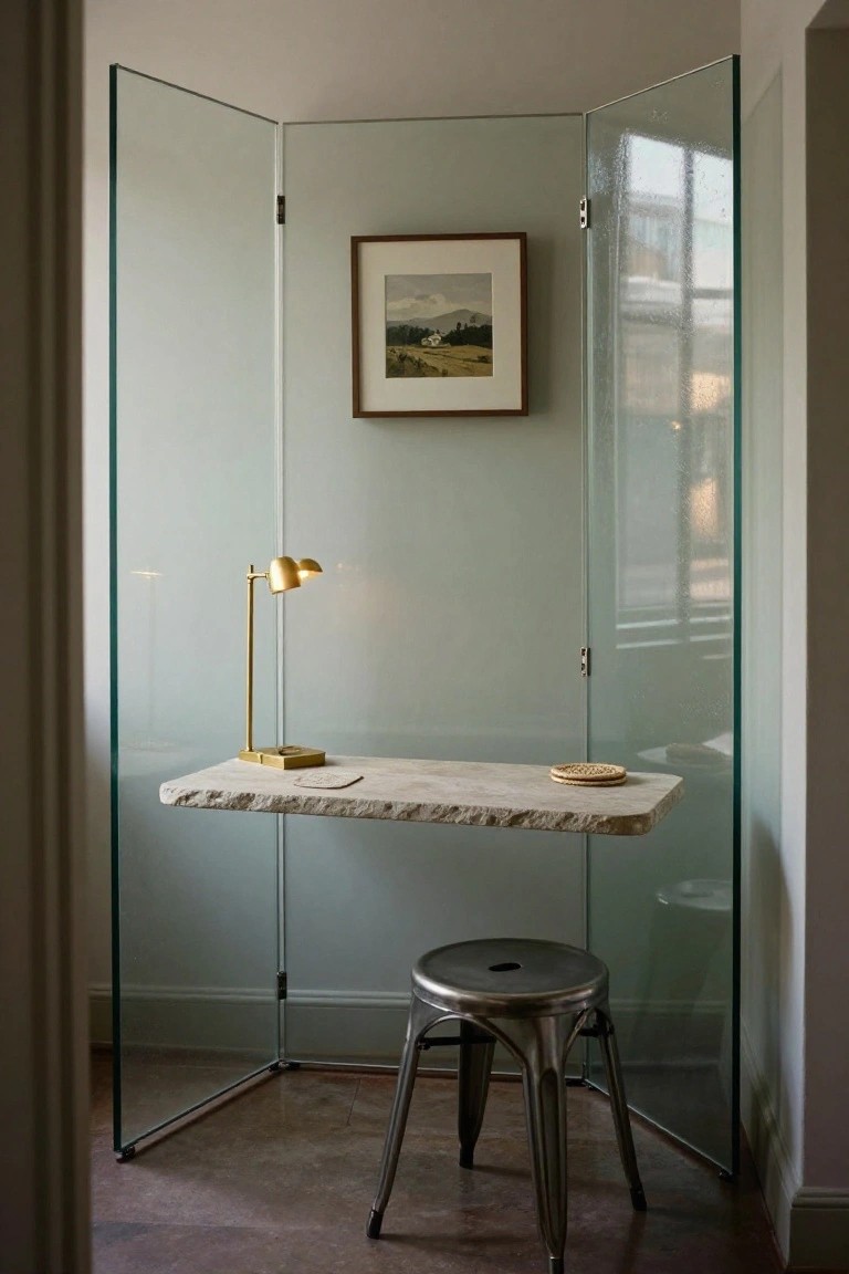Tri-fold semi-transparent glass partition screen enclosing a small workspace with floating limestone desk, gold desk lamp, woven coasters, and silver metal stool on wood floor.