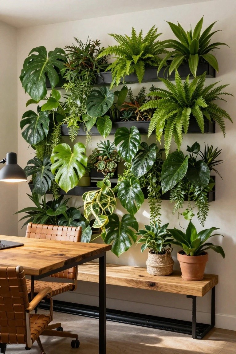 Home office corner with wooden desk, leather chairs, bench, and a tall vertical wall of black metal planters overflowing with various green houseplants including monstera and ferns.