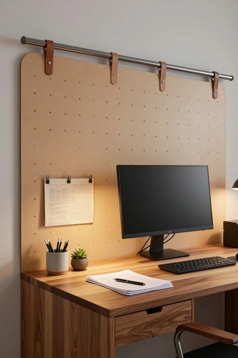 A tan leather pegboard partition mounted on a metal rail with leather straps behind a wooden desk, with pinned papers, pens in a holder, a succulent plant, computer monitor, keyboard, and lamp on the desk surface.