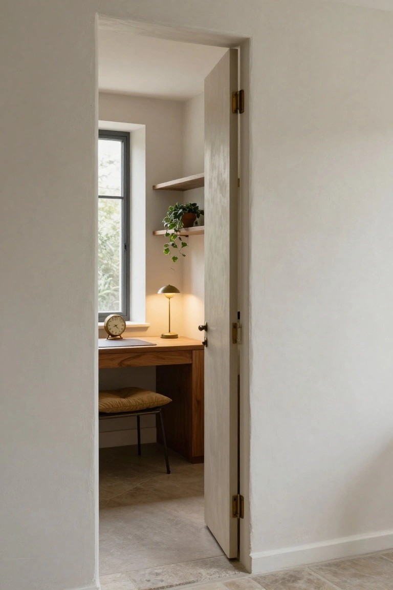 Open pale wooden door framing a small home office with wooden desk, upholstered chair, brass lamp, clock, and potted plants near a window with greenery outside.