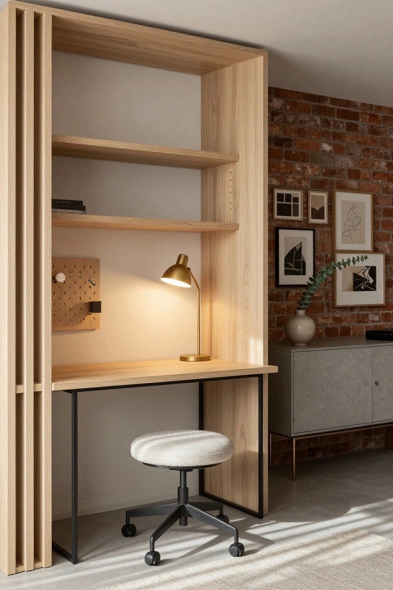 Tall light oak slatted partition with integrated open shelves above a wooden desk and black metal legs, white swivel stool chair, gold desk lamp, cork bulletin board, and exposed brick wall with art and vase in background.