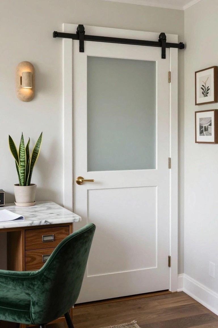 White sliding barn door with large frosted glass panel on black metal track, positioned next to a marble-top desk, green velvet chair, snake plant, and wall sconce in a beige office room.