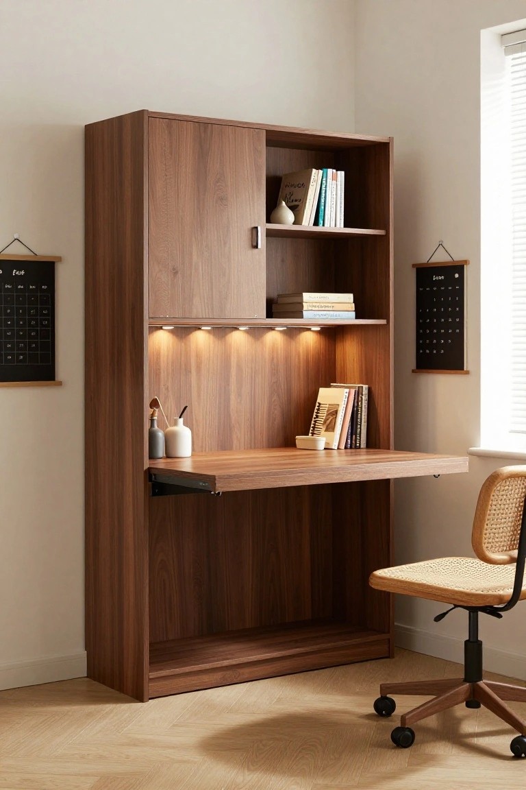 Tall walnut-toned cabinet with open shelves holding books, LED lights under one shelf, a fold-down wooden desk extended, desk accessories, and a rattan office chair in front, in a bright room with white walls, blinds, calendars, and light wood floors.