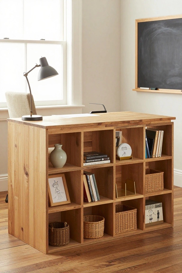 A light wooden desk unit with integrated open cubby shelves containing books, wicker baskets, ceramic vases, picture frames, and small decor items, set in a beige room with a desk lamp, chair, window, and blackboard.