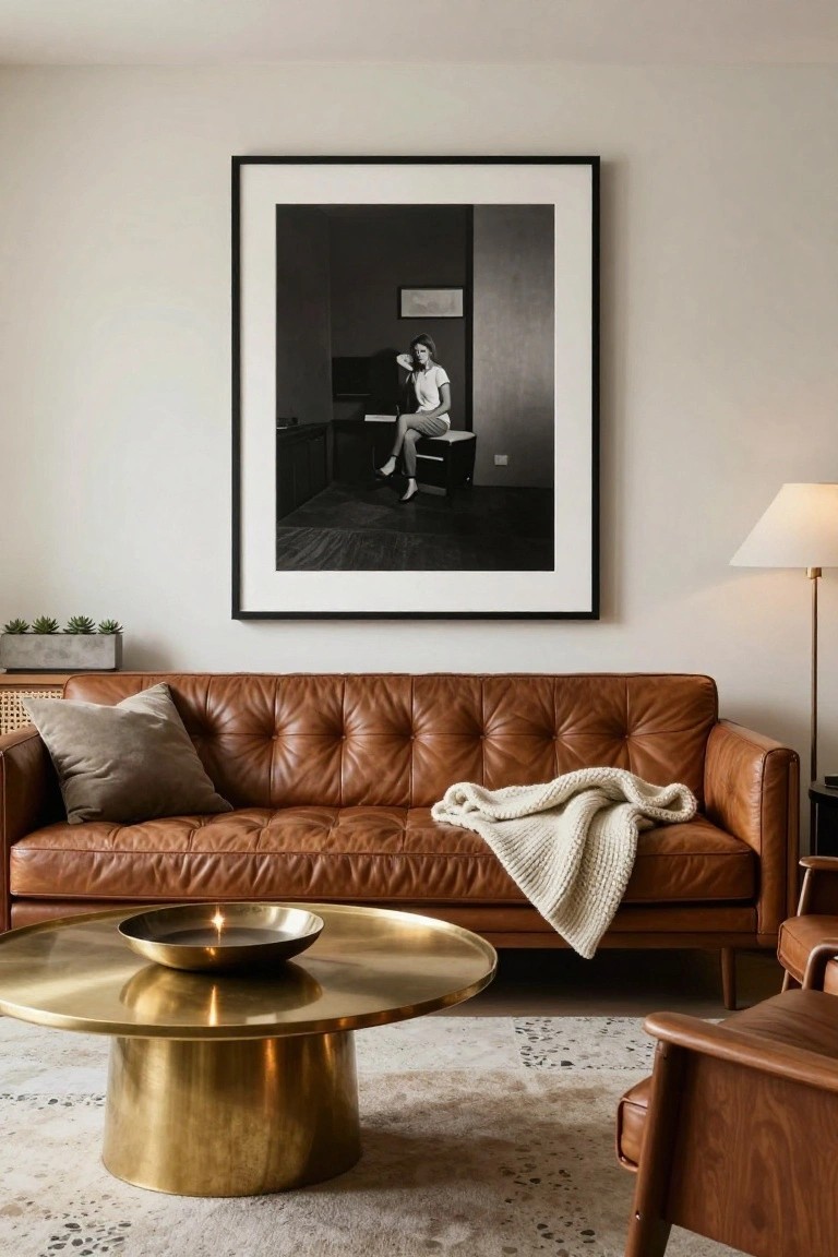 A living room with light walls, a large black-and-white framed photograph of a woman sitting on a desk above a tan tufted leather sofa with gray pillow and white throw, brass pedestal coffee table with lit candle, floor lamp, potted succulents, and wood armchair.