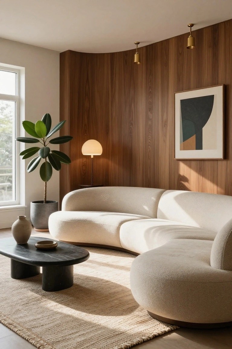 Curved white bouclé sofa in a living room with curved walnut-paneled wall, black oval coffee table on beige rug, large potted ficus plant, floor lamp, abstract wall art, and pendant lights.