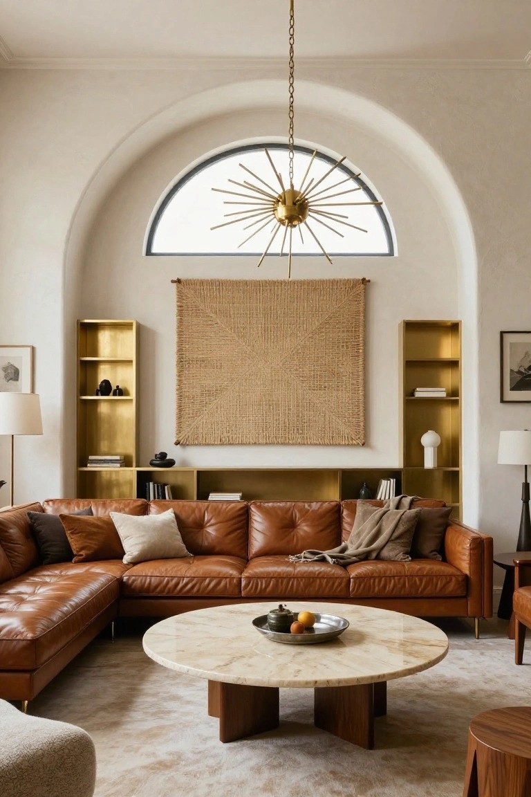 Living room interior with light beige walls, an arched window topped by a gold starburst chandelier, a large beige woven wall hanging flanked by two tall brass open shelving units with books and decor, a tan leather L-shaped sofa, round marble coffee table with wood base, and light carpet.