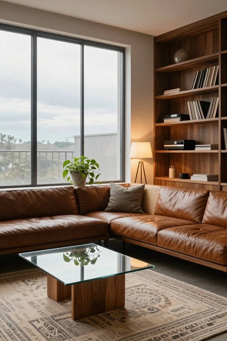 Modern living room with built-in walnut wood bookshelves filled with books and objects, brown leather L-shaped sofa, glass-top wood coffee table, potted plant near window, floor lamp, and large patterned rug.