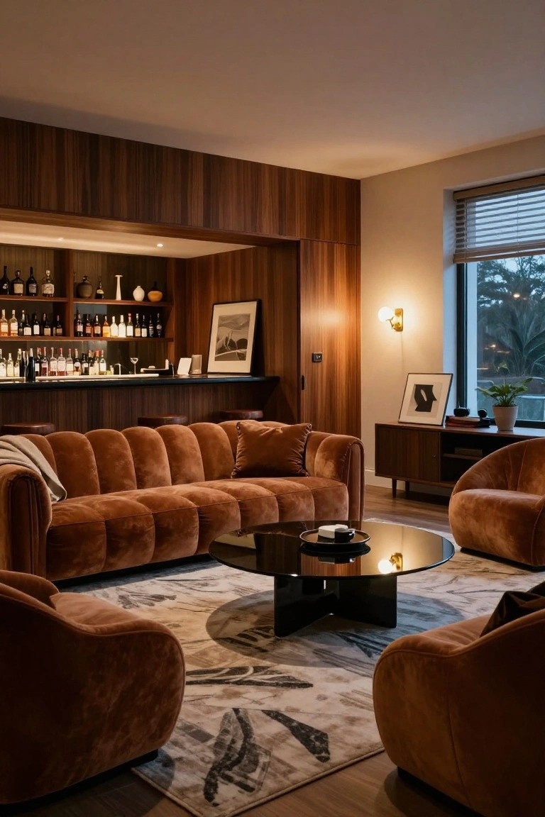 A mid-century modern living room with burnt orange tufted velvet sofas and armchairs around a black glass coffee table, wood-paneled walls and bar area, credenza, artwork, plants, and large windows with blinds overlooking trees.