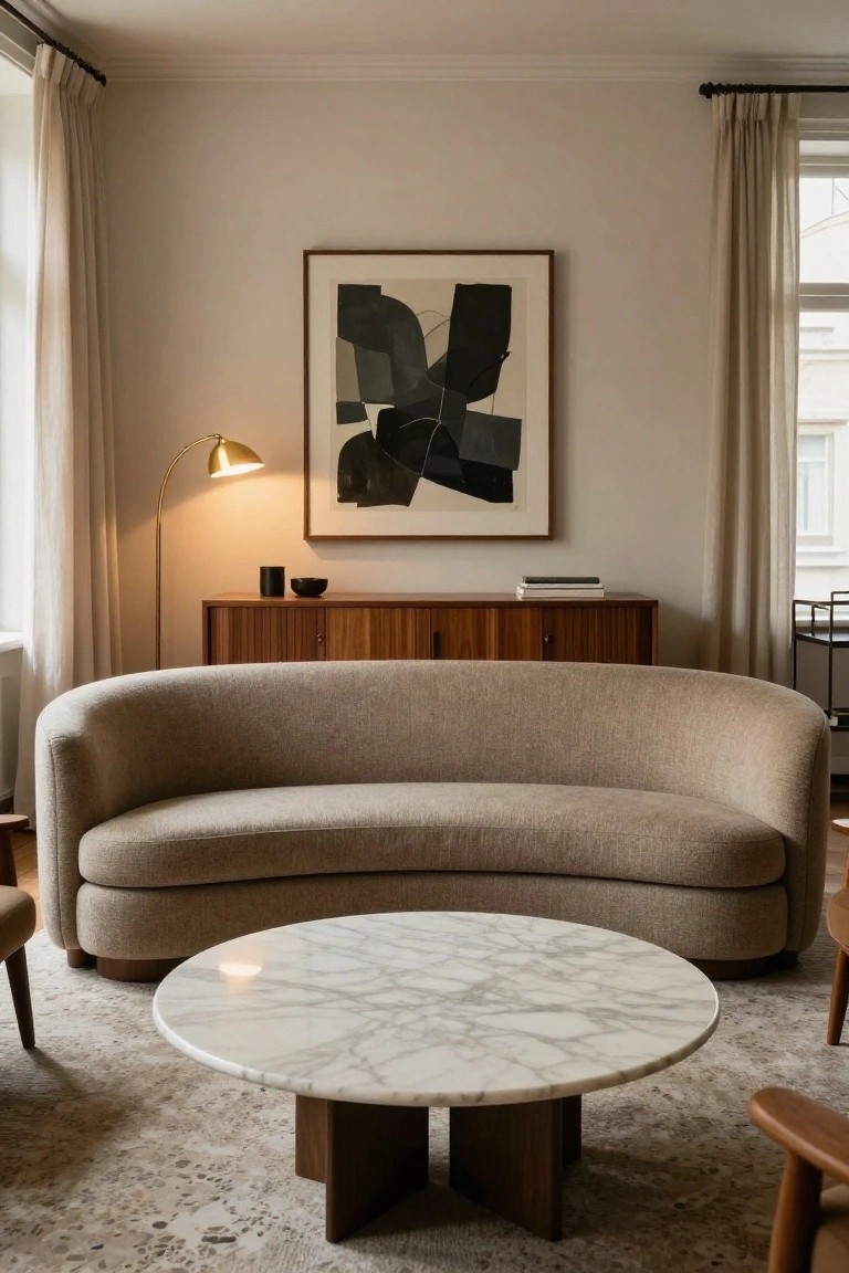 Beige curved sofa facing a round white marble coffee table with wooden legs in a light beige living room with wooden credenza, abstract black and white artwork, arched gold floor lamp, and sheer curtains.