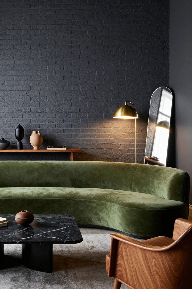 A modern living room with dark brick walls, curved emerald green velvet sofa, black marble coffee table on a gray rug, wooden armchair, brass arc lamp, tall mirror, wooden shelf with ceramics, and low stool.