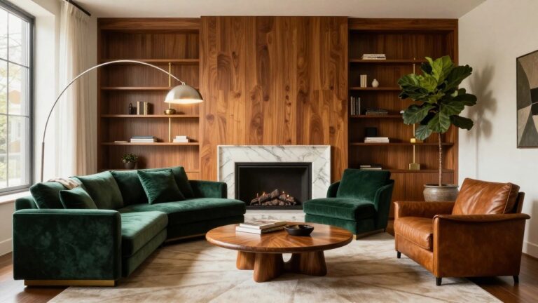 22 Timeless Luxury Mid Century Modern Living Room Inspirations A living room with a curved emerald green velvet sofa facing a slim marble fireplace integrated into a tall walnut-paneled wall with open shelves and cabinets, plus tan leather armchairs, a round wood coffee table, and potted plants.