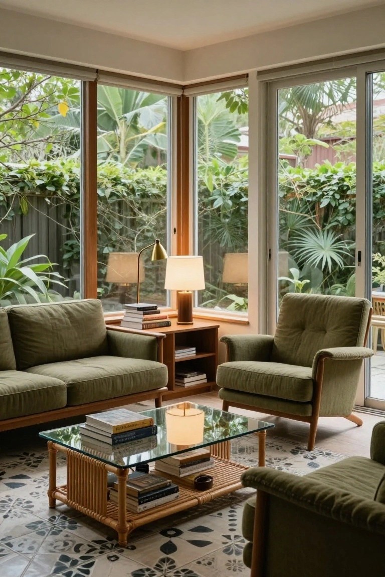 A mid-century modern living room featuring an L-shaped green sofa, green armchairs, wooden bookshelves, rattan and glass coffee table with books, multiple lamps, and large corner windows overlooking lush tropical garden plants and greenery.